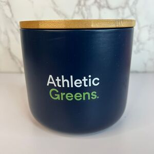 Ag1 Navy Blue & Green Ceramic Athletic Greens Jar w Bamboo Lid -5" Tall, 5" Wide